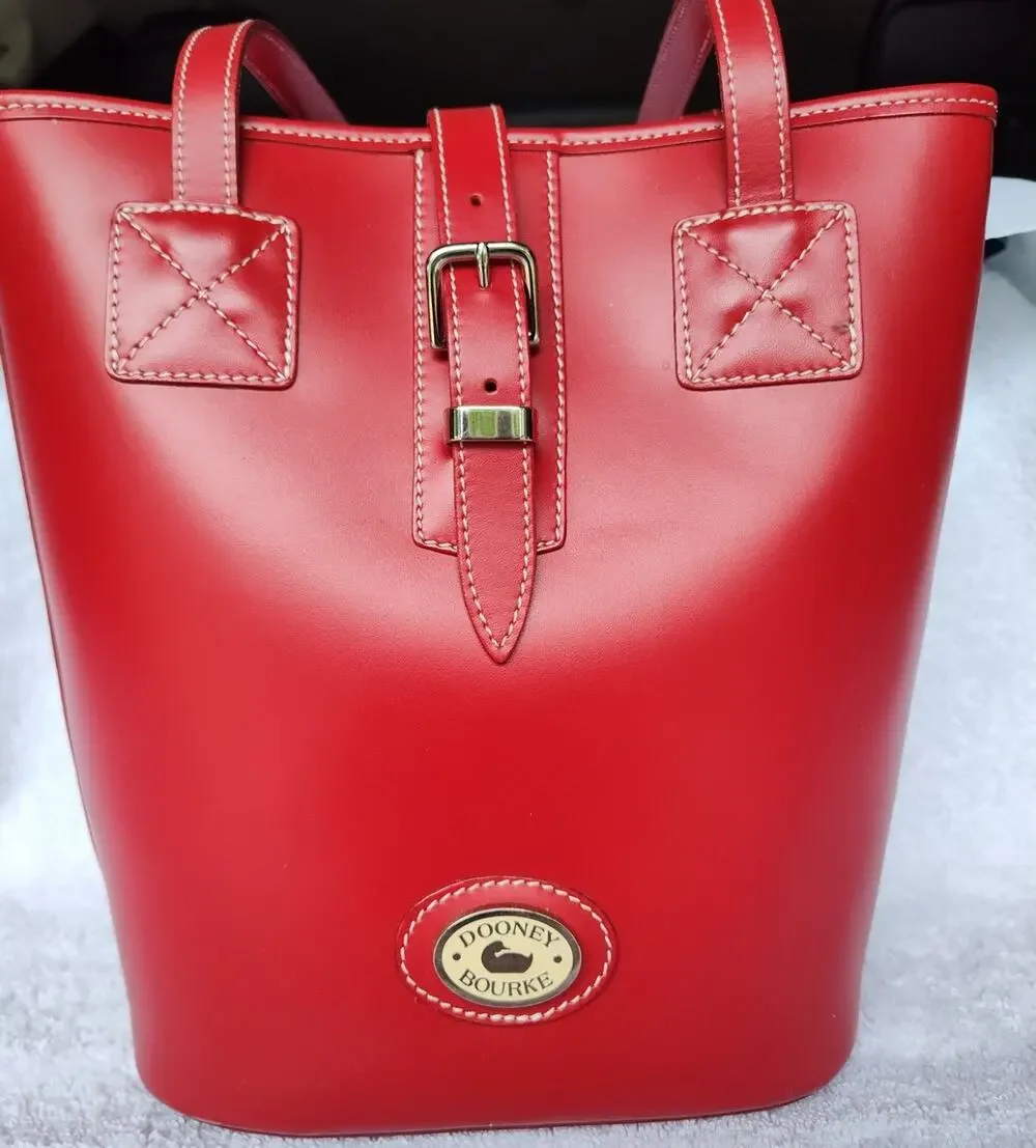 Dooney & Bourke Red Toiny Bucket Bag Leather North South Satchel Handbag Purse